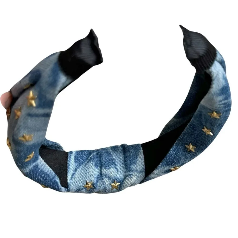 Chambray Blue Gold Star Studded Topknot Headband. Accessories. One Size. NWOT.